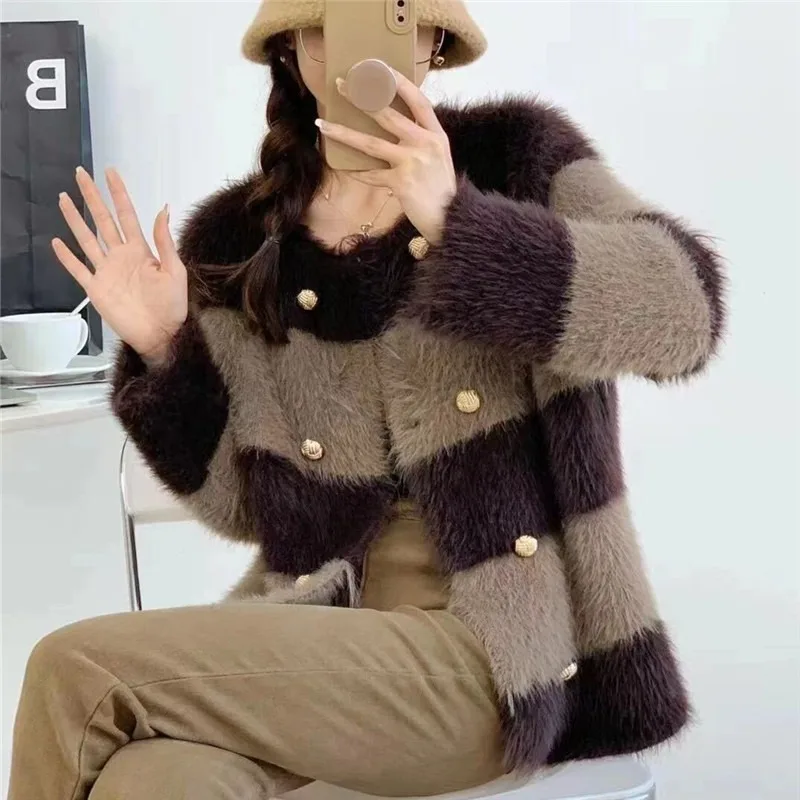 2023 Autumn Winter Knitwear Fashion and Temperament Thickened Versatile Stripe Imitation Fur Knitted Top Coat for Women