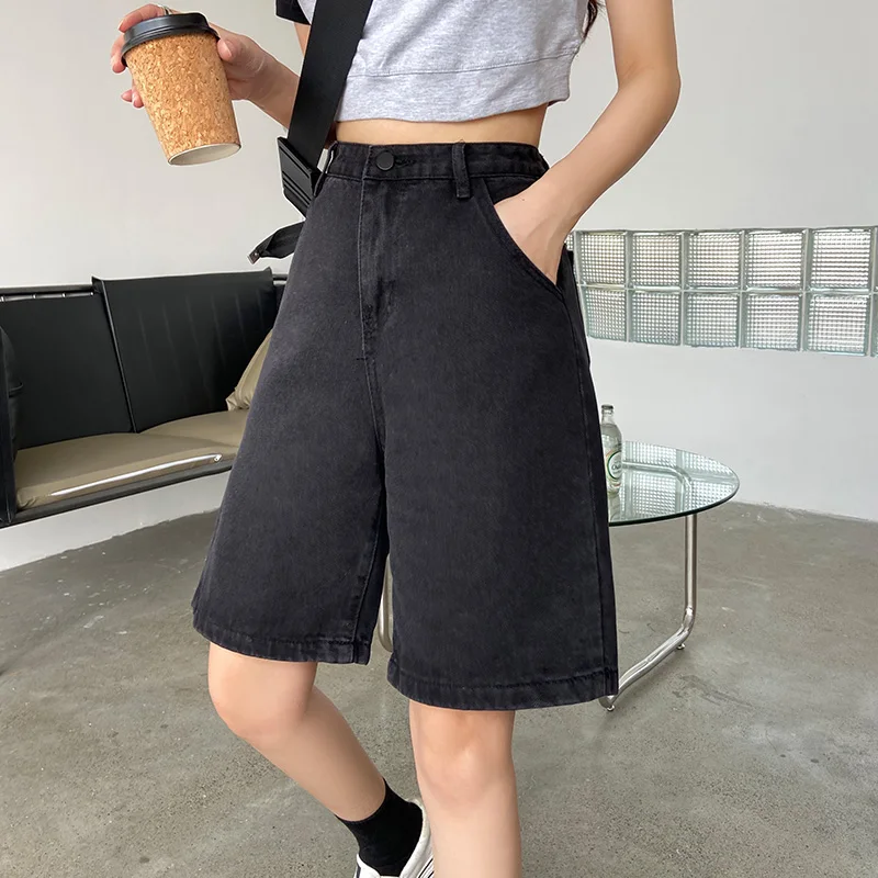 Ailegogo New Summer Women High Waist Wide Leg Black Denim Shorts Casual Female Loose Straight Button Jeans Bermuda Shorts nike shorts Shorts