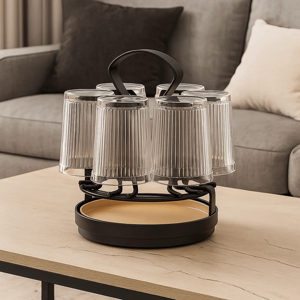 360° Rotation Cup Drain Rack 6 Hooks Space-saving Cup Drying Rack Large Capacity with Water Drain Tray