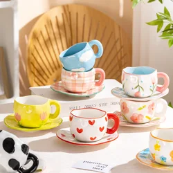 300ml Hand-painted Ceramic Coffee Cup Creative Saucer Irregular Handmade Cute Mug Flower Water Cups Wholesale Gift Drinkware Set