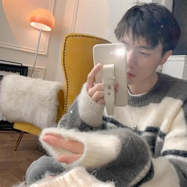 Soft Waxy Sweater Men's Autumn and Winter Thickened Striped Sweater Lazy Fashion Brand American High-end Couple Coat  Pullover