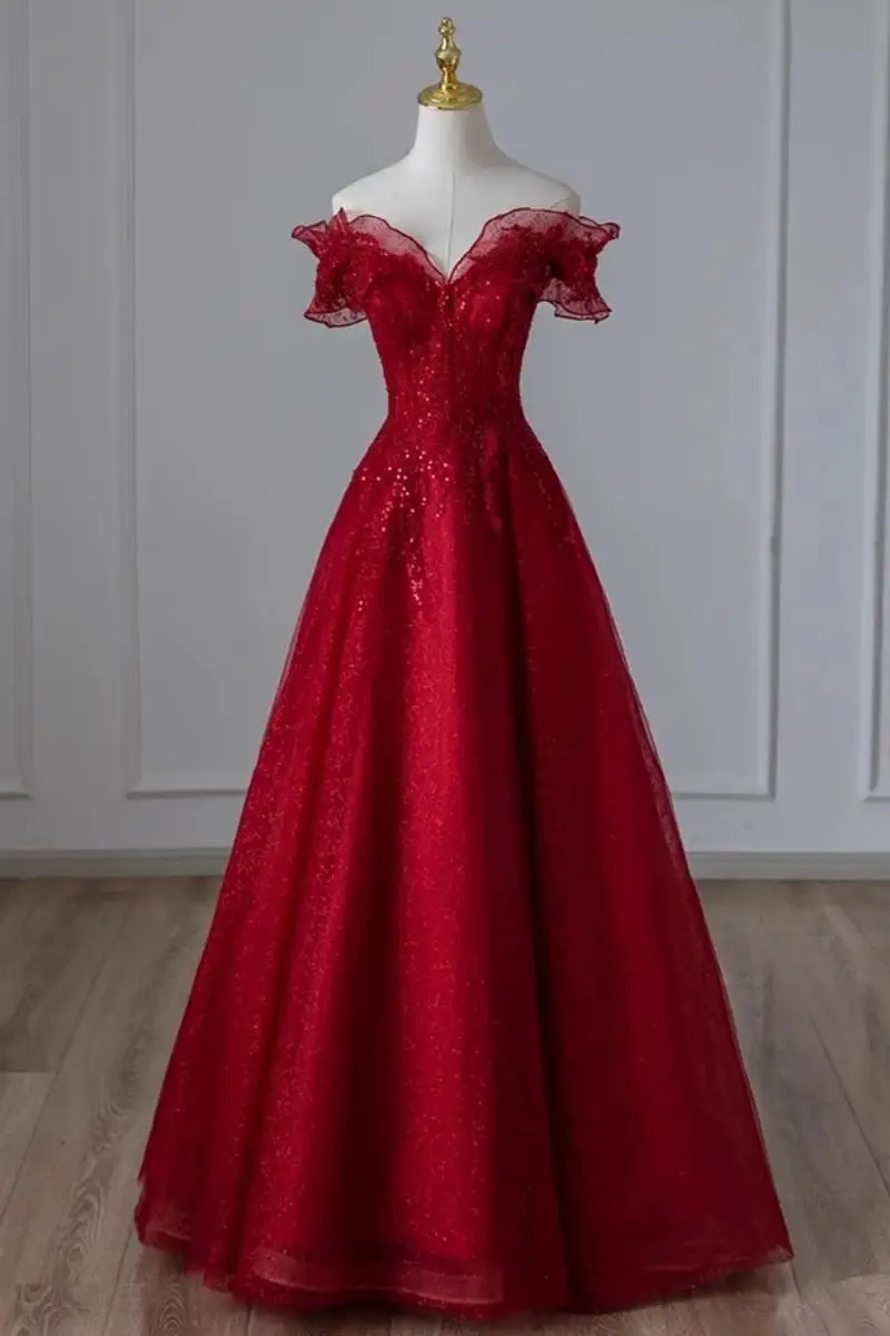 

Real Picture In Stock Wine Red Women Evening Dresses Off Shoulder Sequined A Line Tulle Prom Wedding Party Gown Occasion Dress