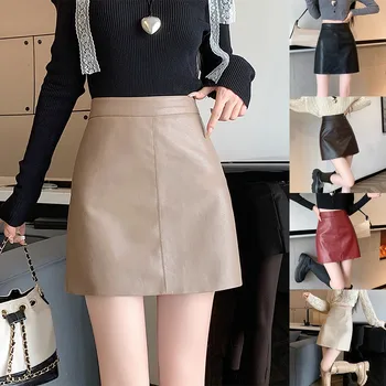 Korean Fashion Slim Fit Leather Skirts Ladies Solid Zippers High Waist Tennis Skirts Streetwear Hoop Skirts Falda Y2k Clothing 2