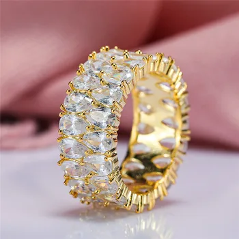 Luxury Female Crystal White Water Drop Zircon Stone Engagement Ring Cute Yellow Gold Color Wedding Jewelry For Women