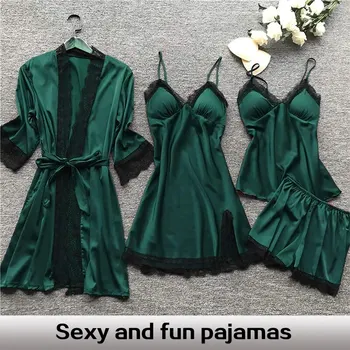 4PCS/세트 수면 세트 여성 레이스 세트 섹시한 V-Neck Cami Nighties 편안한 Pyjama Nightwear 봄 Nightdress 패션 홈 옷