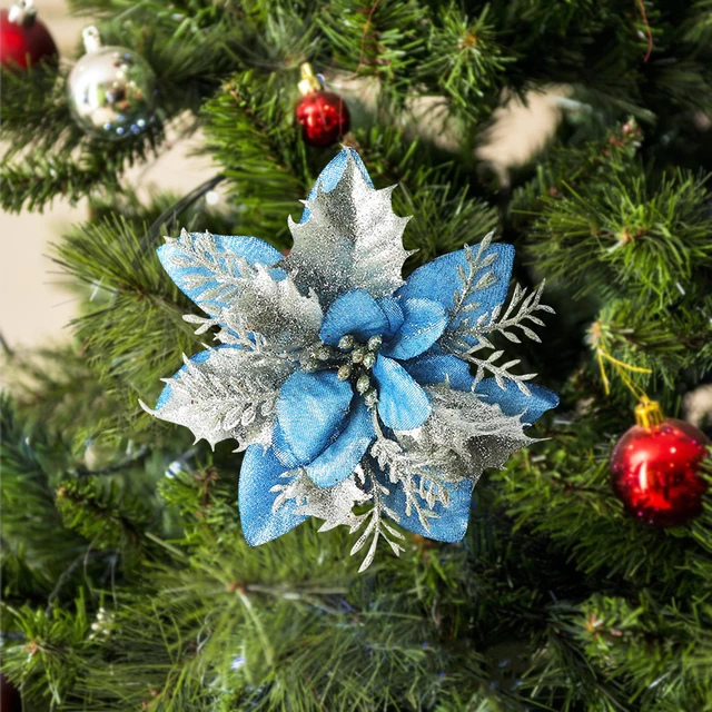 16 Pcs Blue Poinsettia Flowers Glitter Poinsettias Artificial Christmas Flowers Decorations with Clips Stems for Xmas Tree Ornaments Wedding Party