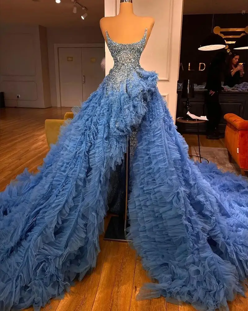 

Причудливое синее вечернее платье с блестками, бусинами, боковыми разрезами, рифлеными оборками, изготовленные на заказ платья для выпускного вечера, فالراالراالراالراالراالراالراالراالرا