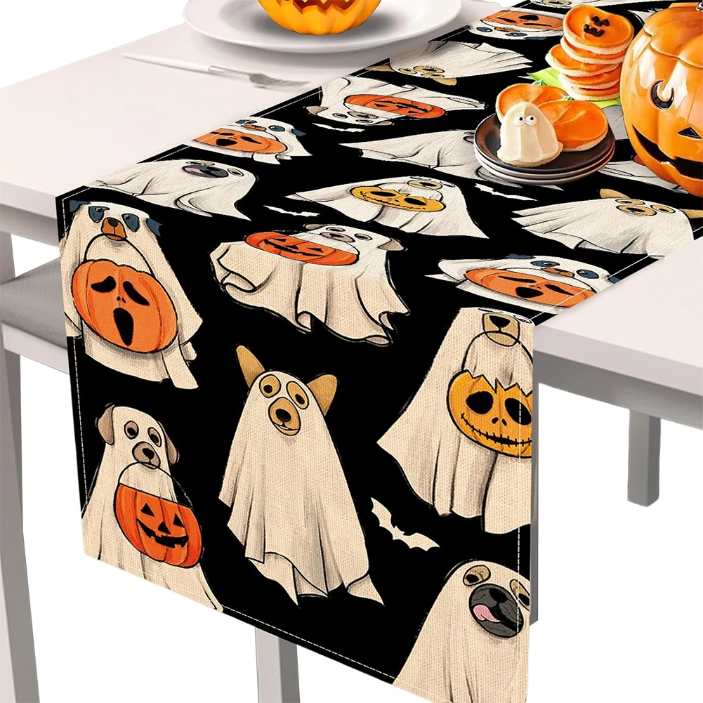 Jack O Lantern Pumpkin Bat Halloween Spooky Ghost Dog Table Runner Pumpkin Dog Black Holiday Burlap for Halloween Party Decor
