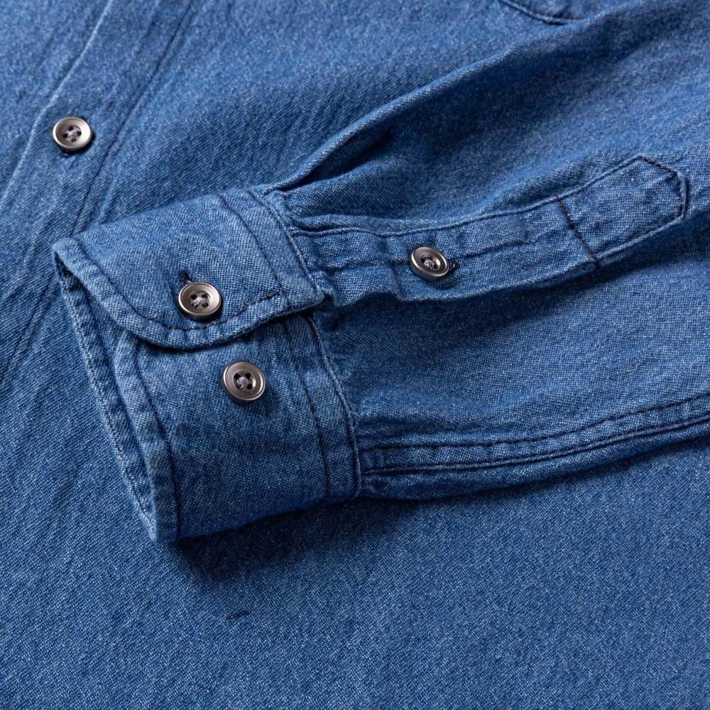 Denim Shirt Long Sleeved Shirt 100% Cotton Western Pocket Shirt Standard-fit Work Shirts