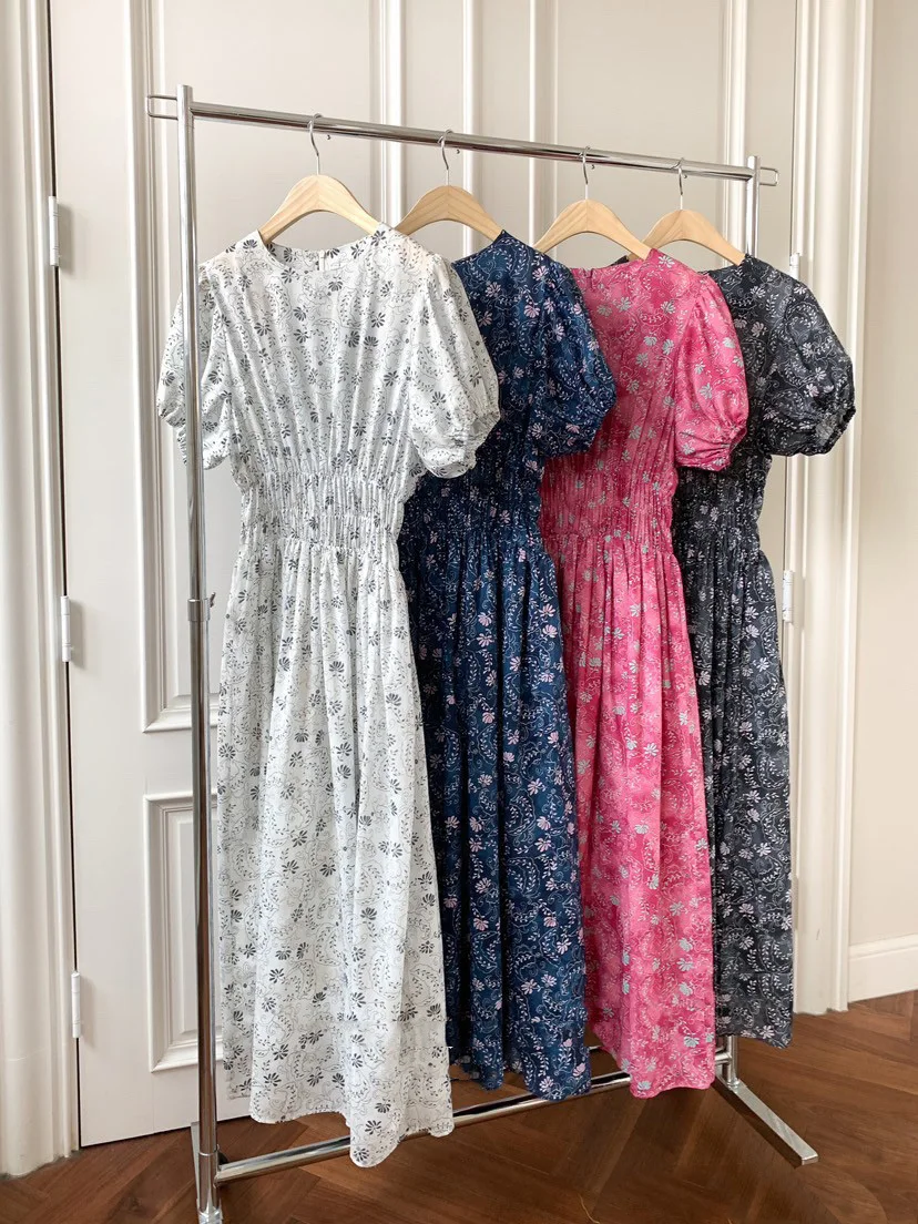 

Summer Maternity Floral Dresses Elastic Waist Pregnant Woman Chiffon Dress Puff Sleeve O-Neck Fashion Printing Pregnancy Clothes