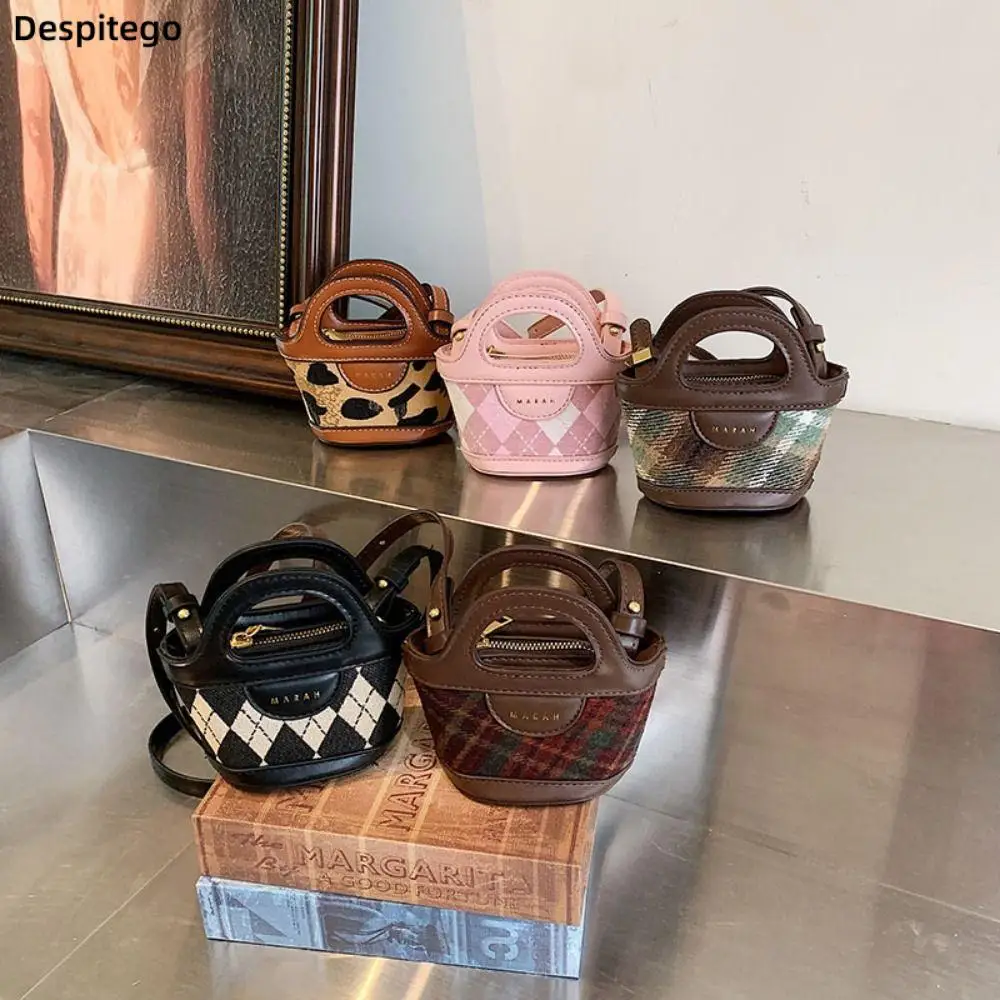 

Korean Fashionable Retro Plaid Bag Leopard Printing Children's Mini Basket Bag Women's Shoulder Bag Crossbody Bag