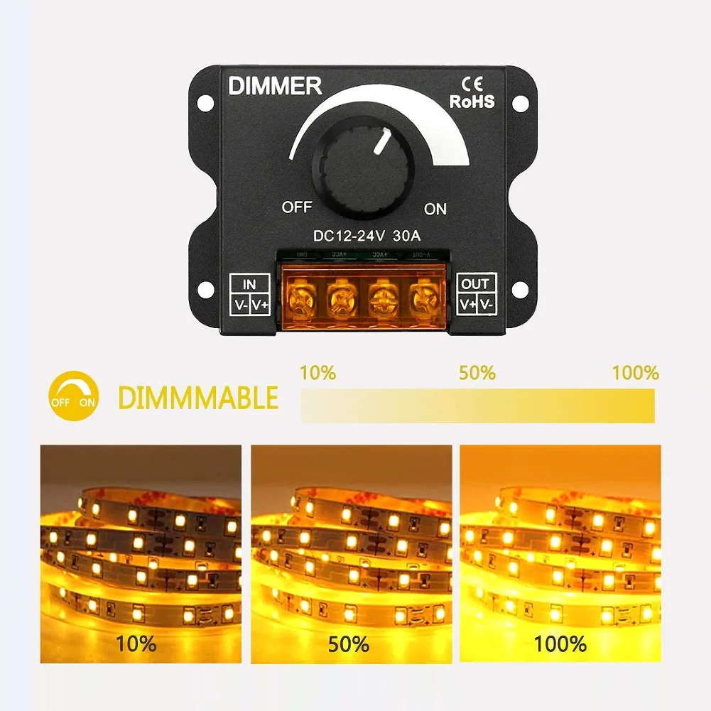 DC 12V 24V LED Dimmer Switch 30A Voltage Regulator Adjustable Controller for LED Strip Light Lamp Dimming