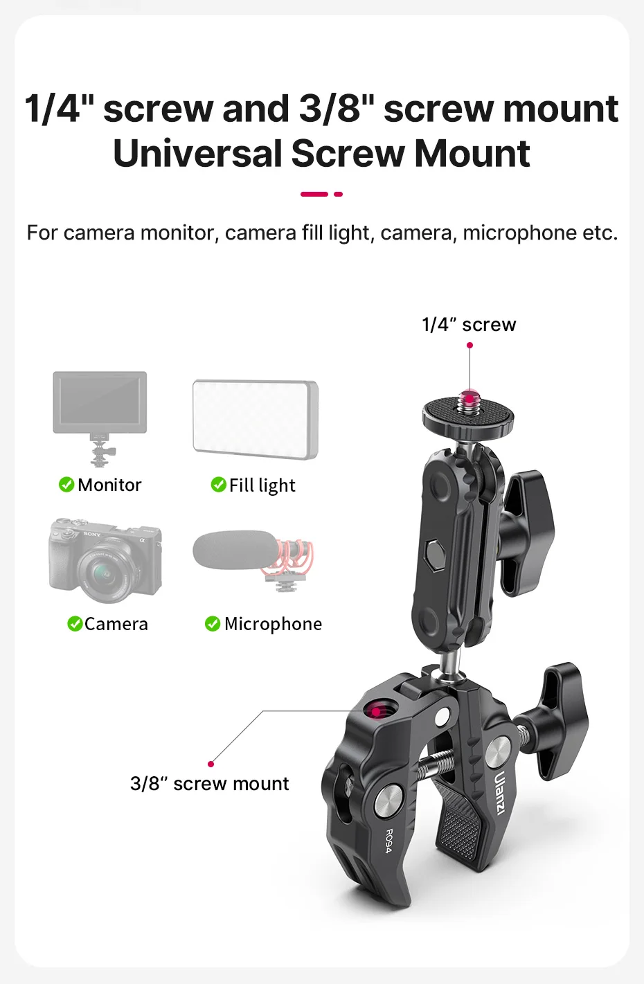 cabeça braçadeira para Canon, Nikon, Sony, Monitor