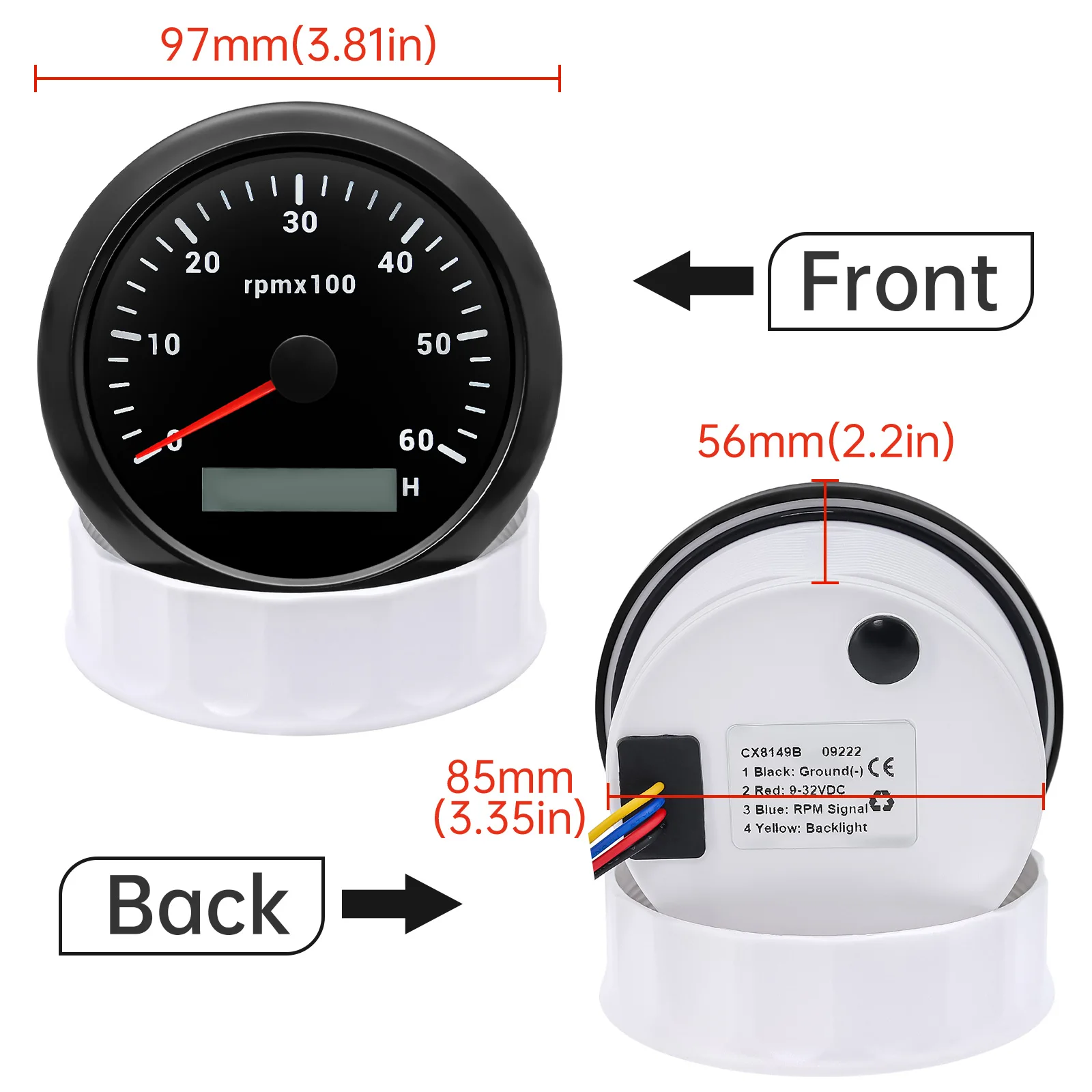 85mm Diesel Engine Tachometer With LCD Hourmeter 7 Color Backlight Tacho Gauge 3