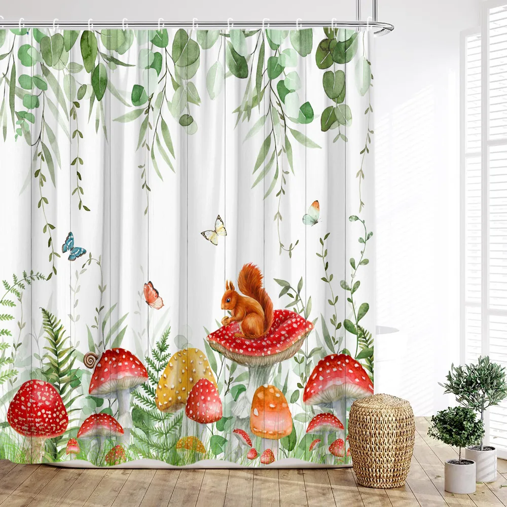 

Mushroom Shower Curtain, Spring Flowers Greenery Butterflies Animals Cats Rabbits Foxes Farm Planks Leaves Home Bathroom Decor