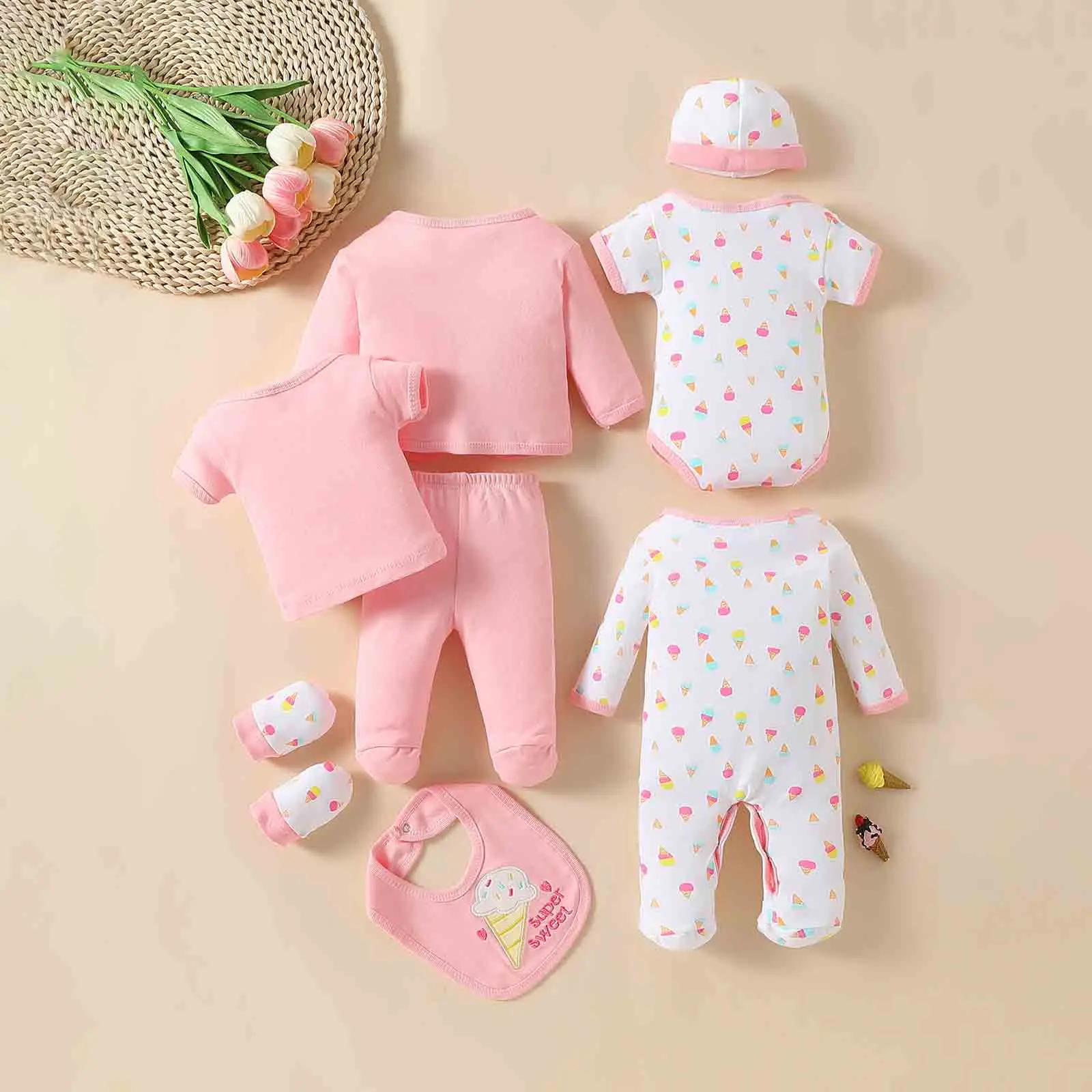 8 pz/set Vestiti Del Bambino Carino Stampato Del Bambino Set di Abbigliamento Per Bambini Neonato Delle Ragazze Dei Ragazzi Pagliaccetto Tuta + Camicette + Cappelli + Guanti Set Per Bambini - immagine 4