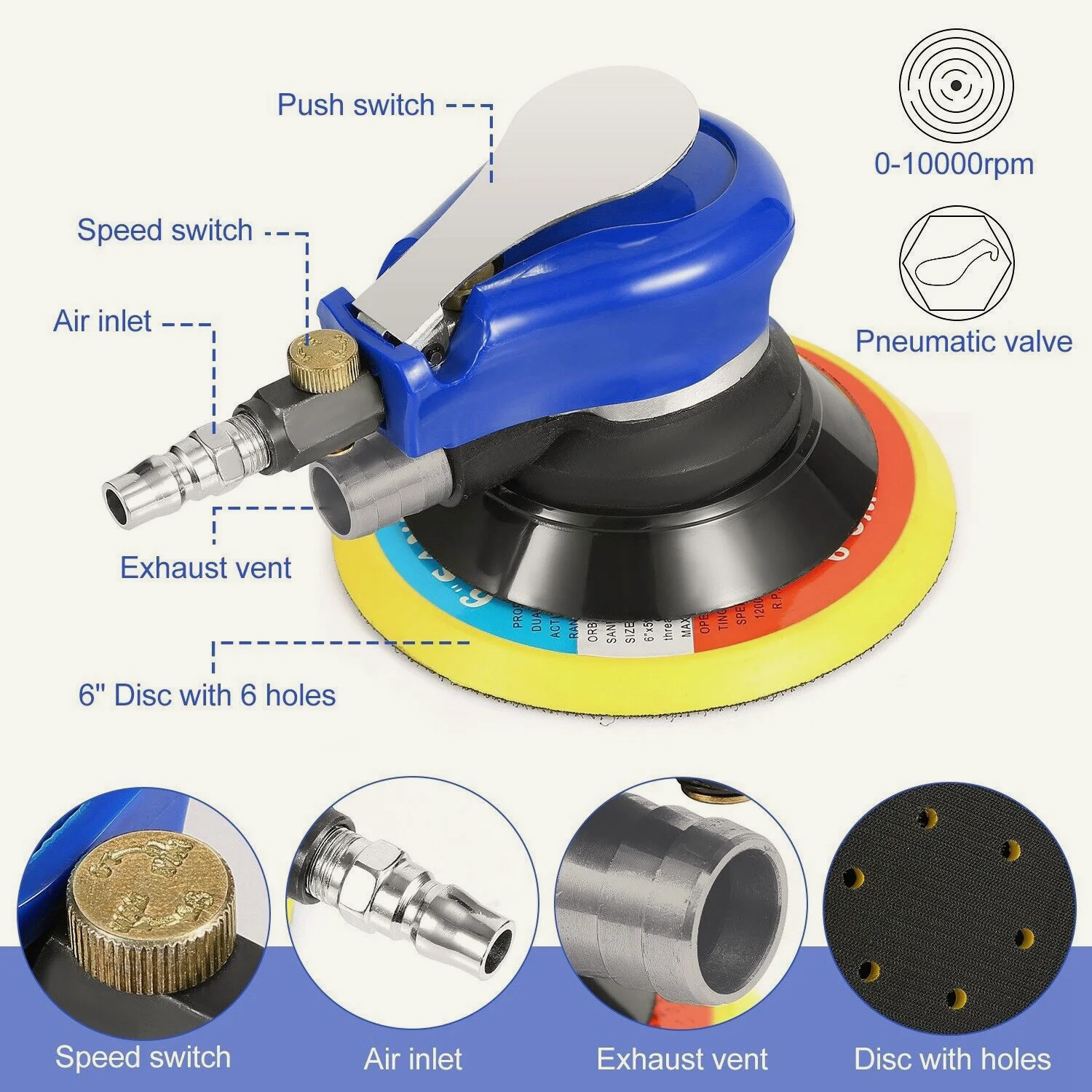 NuoDdunco 5-inch /6-inch Pneumatic Orbital Sander Air Polisher 125mm/150mm Air Vacuum Grinder for Car Metal Wood Polishing pneumatic orbital sander