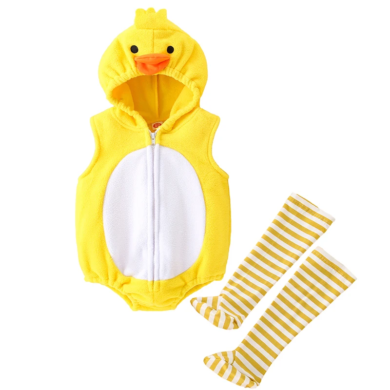 2025 Cute Yellow Animal Boys Girls Dress Up Romper With Socks Set Baby Newborn Duck Halloween Hooded Clothing Set