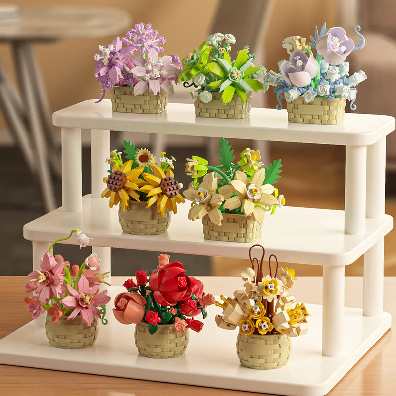 DIY MOC Potted Rose Sunflower Plants Succulents Bonsai Tree Gardens Romantic Building Blocks Model Bricks Kids Sets Kits Toys 3