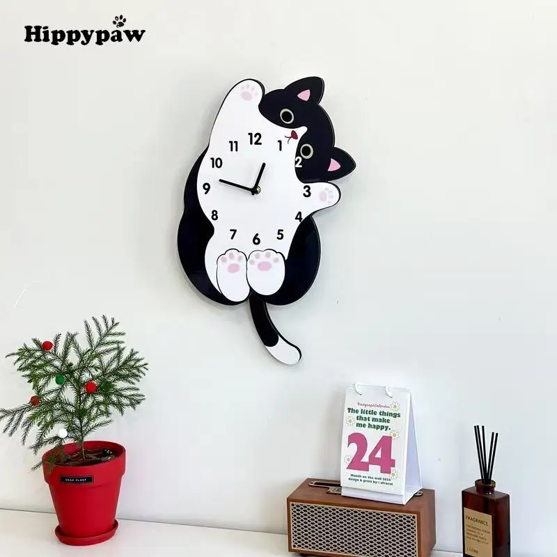 Cartoon-Inspired Cat Wall Clock Silent Swinging Creative Novelty For Living Room Home No Drill Wall Mount Digital