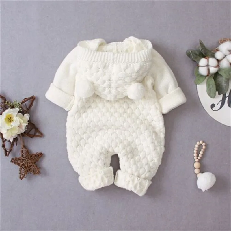 0-24months Newborn Winter Hooded Romper Long Sleeve Knitted Solid Color Jumpsuit For Infant Boys And Girls Knitted Long Playsuit 3