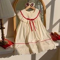Robe exquise pour petites filles, col en dentelle à volants, garnie de ruban rouge, dentelle à pois rouge découpée, broderie sur la jupe pour enfants 3