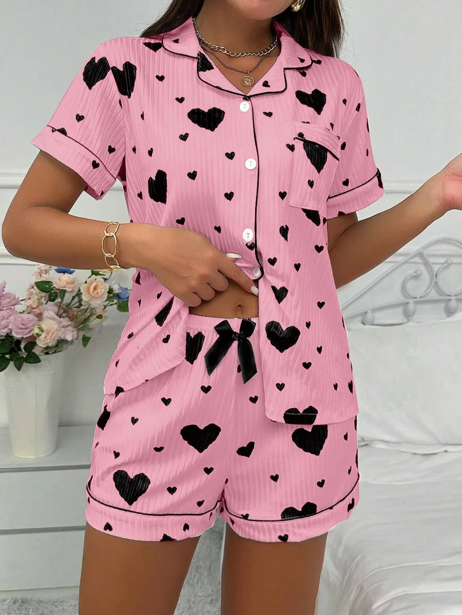 Coração impresso conjunto de pijama casual manga curta botão lapela topo e shorts elásticos pijama feminino respirável macio 6