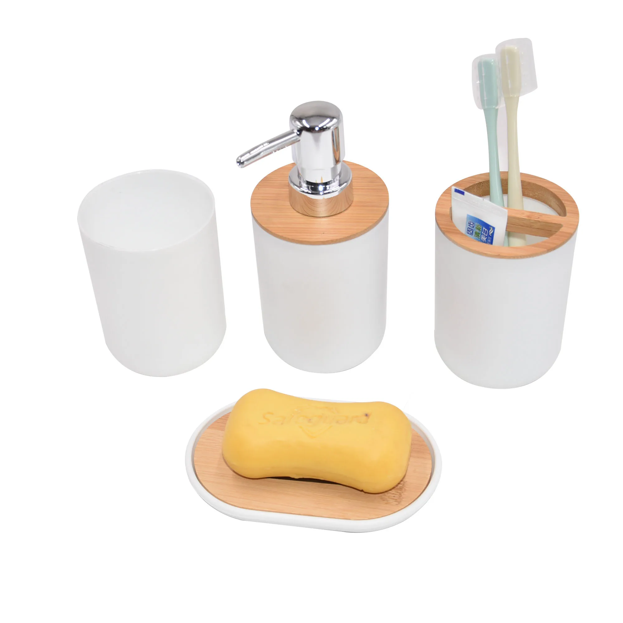 Bathroom Accessories Set White Modern Soap Lotion Dispenser Resin and Wood Soap Dish Toothbrush Holder