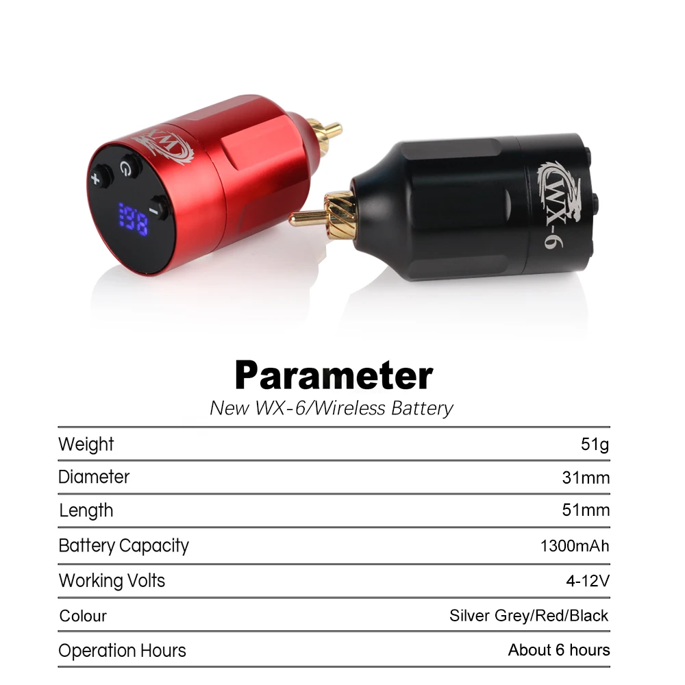 WX-6 Wireless Tattoo Power Supply RCA/DC Jack Portable Fast Charging Tattoo Batterry 1300mHa for Permanent Makeup Machine