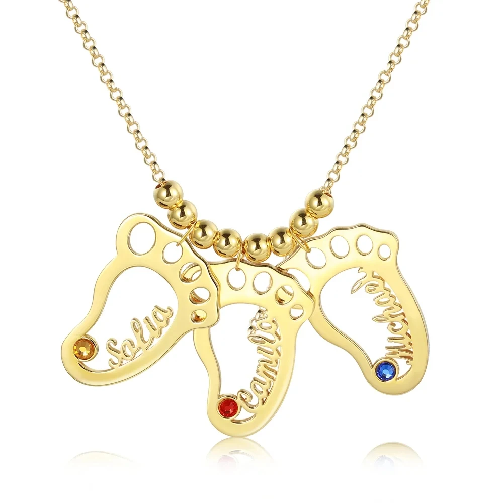 Baby Foot Custom Name Necklace with Birthstone Personalized 3 Name Pendant Jewelry Gift for Mom Family Member Necklace