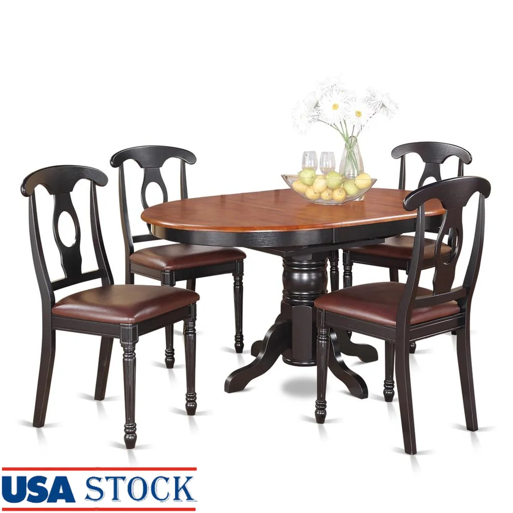 5-Piece Kitchen Table & Chairs Set with Oval Dining Room Table & Faux Leather Chairs Cherry Table Top Black Finish Asian Wood