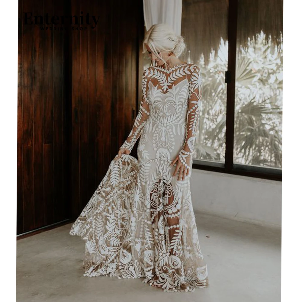 

Boho Mermaid Wedding Dresses For Bride Chic Long Sleeves Vestidos De Novia Appliques Bridal Dresses Lace Backless Bridal Gown