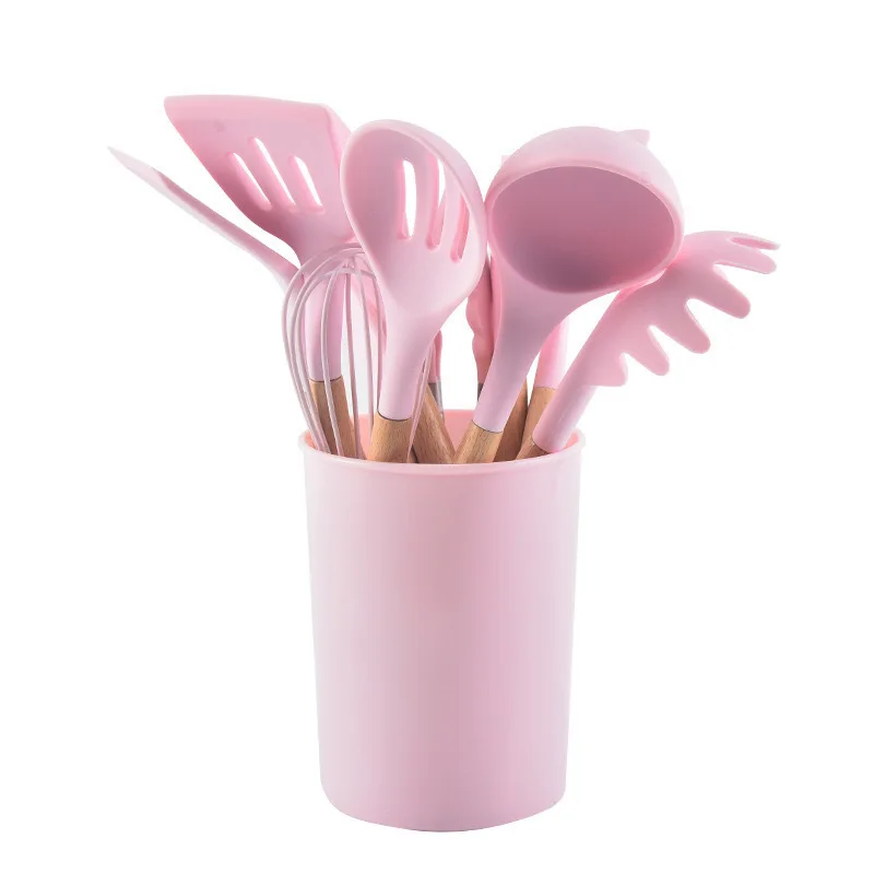 12pcs Heat-Resistant Silicone Kitchen Utensils Set Non-Stick Tools Kitchenware Wooden Handle Kitchen Gadgets for Easy Cooking