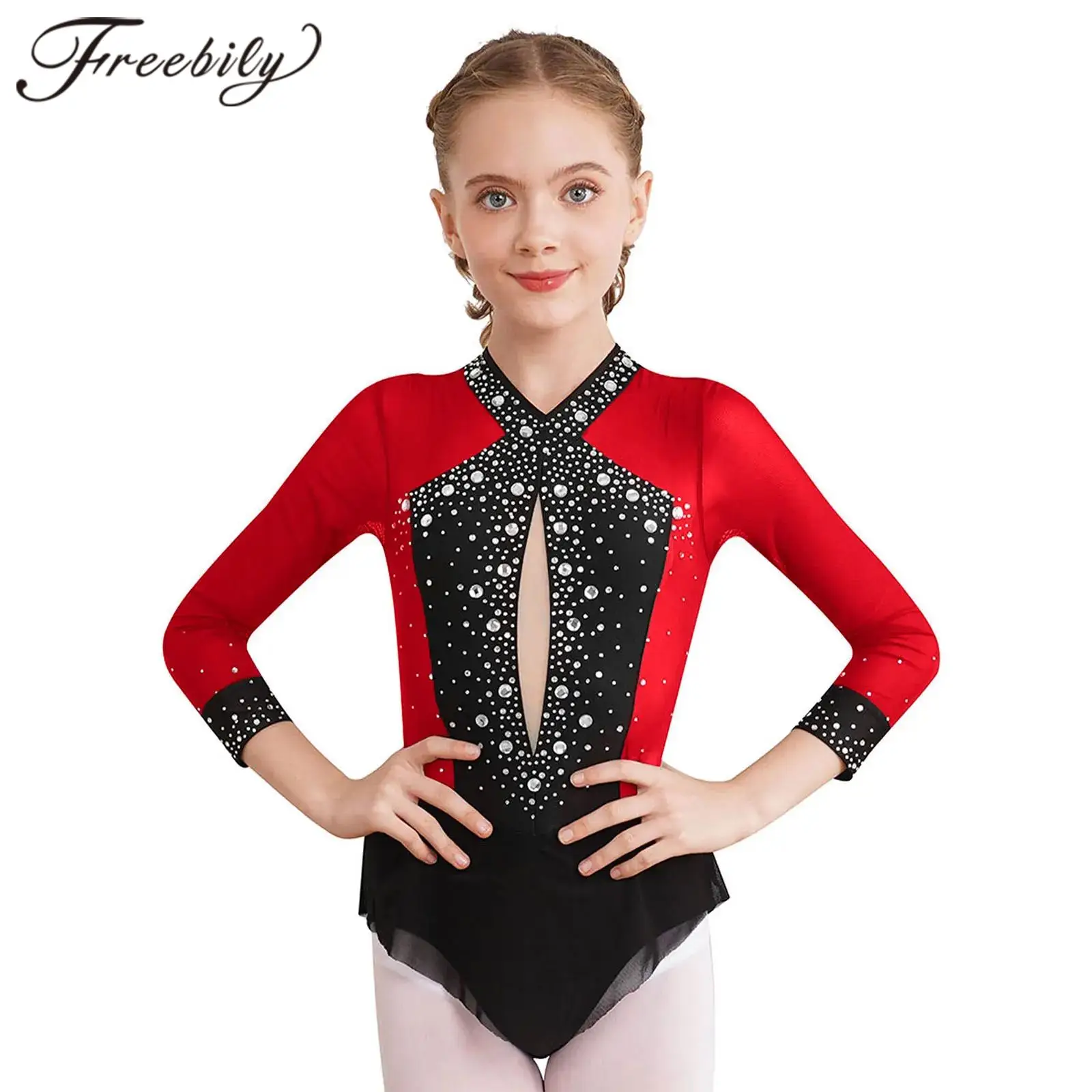 Runhomal Body da ginnastica con strass a maniche lunghe con pantaloncini da danza classica, vestito pattinaggio artistico, palestra sportiva yoga, K Rosa brillante & Nero, 13-14 Anni