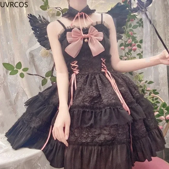 Dark Gothic Lolita Jsk Dress Women Harajuku Kawaii Bow Lace Bandage Princess Slip Dresses Girl Sweet Cute Y2k Party Mini Vestido lolita dress lolita suspender dress lolita cosplay costumes suspender dress