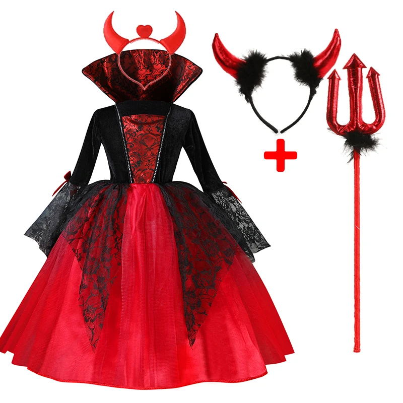 Girls Vampire Halloween Costume - Gothic Ghost Bride Carnival Dress in Black and Red
