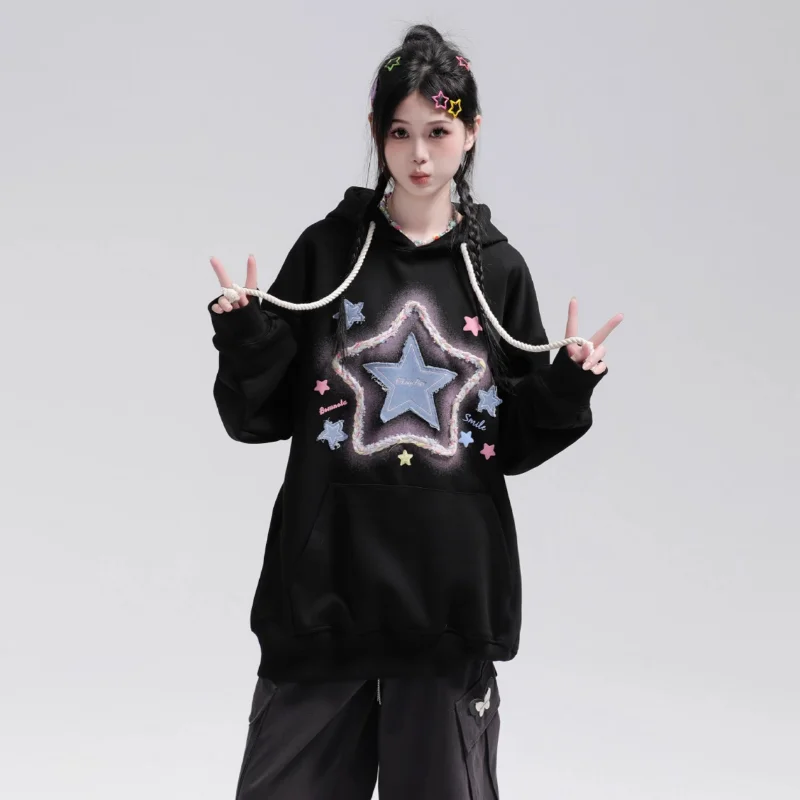 Sudadera con capucha mujer bordado estrella estilo retro americano_voghion.com