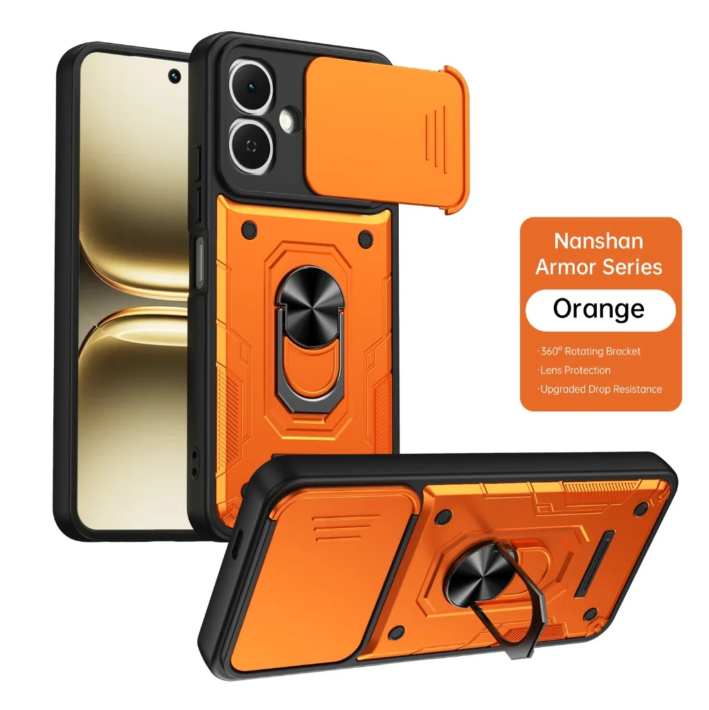 Shockproof Armor Phone Case with Slide Camera Protection and 360° Ring Holder Cover
