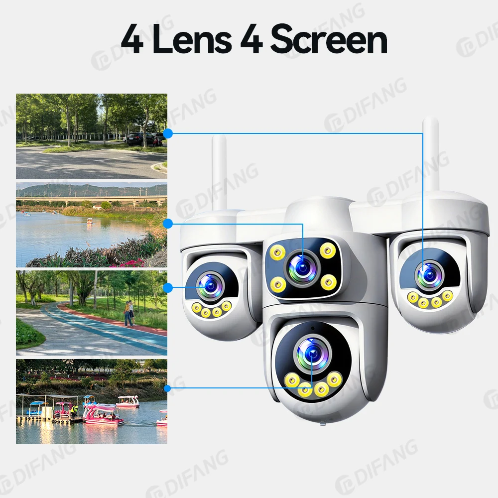 DIFANG New 20MP WiFi Home Surveillance Camera 4 Lens 4 Screen 6 Motor 3 PTZ 5X Zoom Wireless Security Outdoor IP CCTV O-Kam Pro 2
