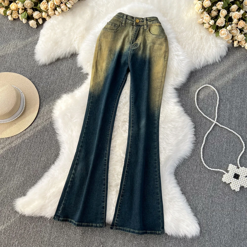 

Casual Gradient Color High Waist Slightly Lame American Retro Temperament Thin Elastic Tight Flared Long Pants