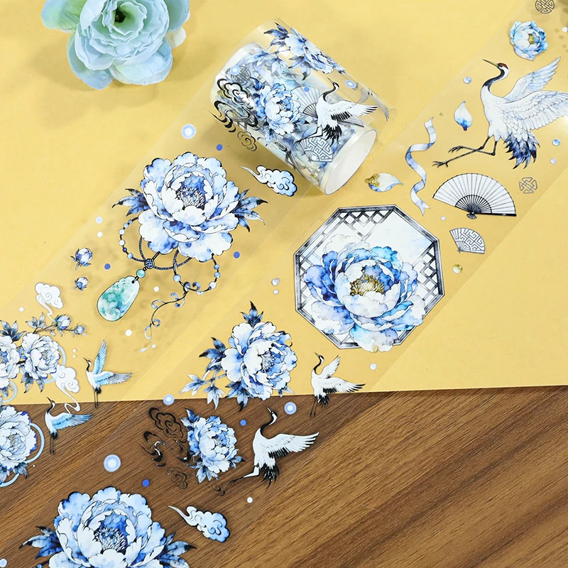 7cm * 2m 파란색과 흰색 도자기 PET 와시 테이프 모란 투명 롤 스티커 장 접착 테이프 ForScrapbooking Journal