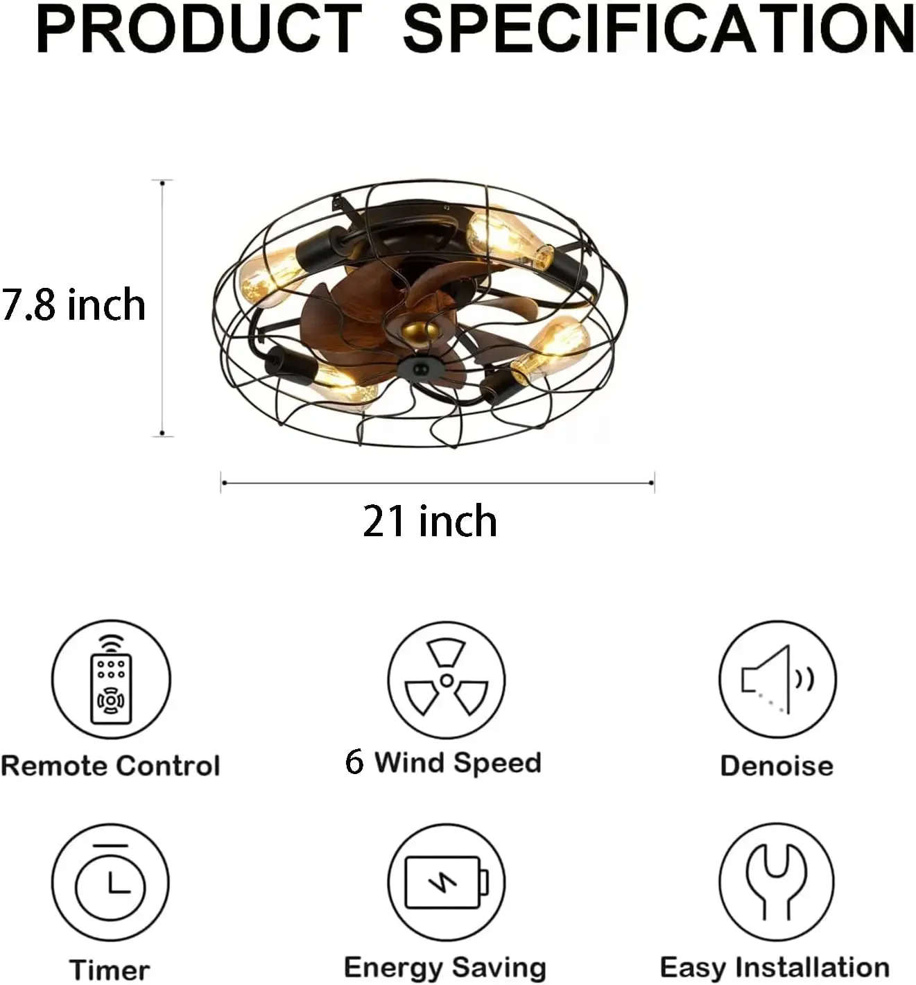Cage Ceiling Fan with Lights Remote Control, Industrial Black Flush Mount Low Profile Ceiling Fan, Reversible Motor