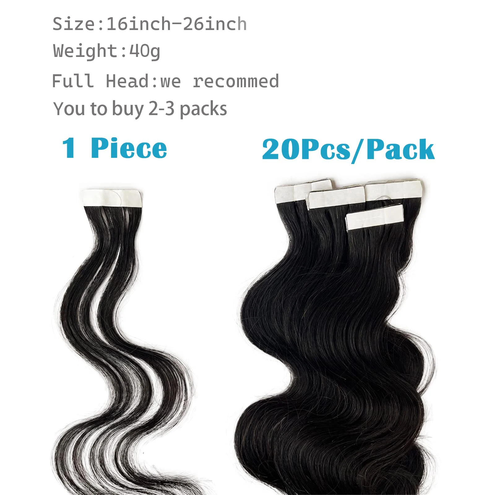 Extensions de cheveux humains Remy Body Wave pour femmes, bande invisible, trame de peau, noir naturel, # 1B, 20 pièces par paquet