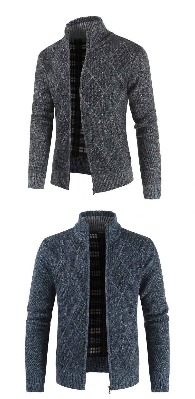 Description Picture 6 of item2023 New Men's Sweater Youth Fashion Trend Zipper Cardigan Stand Up Collar Plaid Casual Sweater Coat