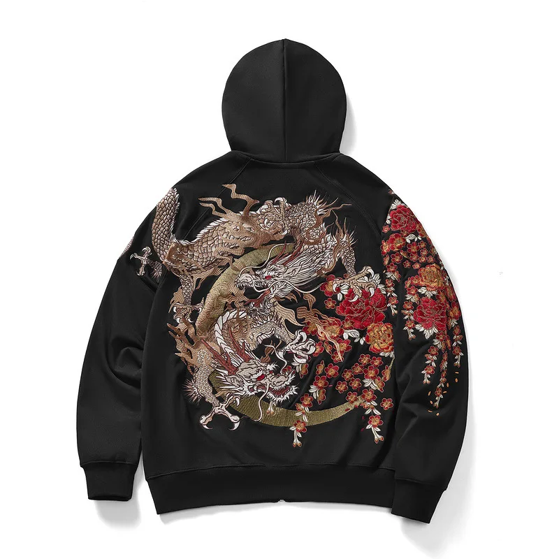 Embroidery Hooded Bomber Jackets Men Dragon Autumn Pilot Jacket Windbreaker Hip Hop Japan Harajuku Baseball Coat Streetwear Male