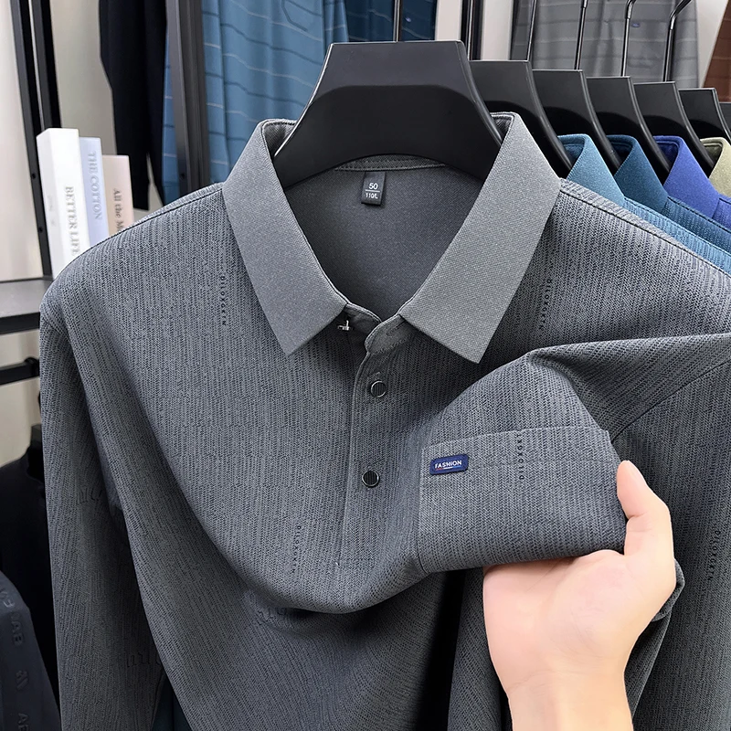 מכירות חמות עיצוב מקורי של חולצת פולו לגברים עם שרוול ארוך, חדשה לסתיו, רכה, נגד כתמים, כיס עסקי פנאי לגברים