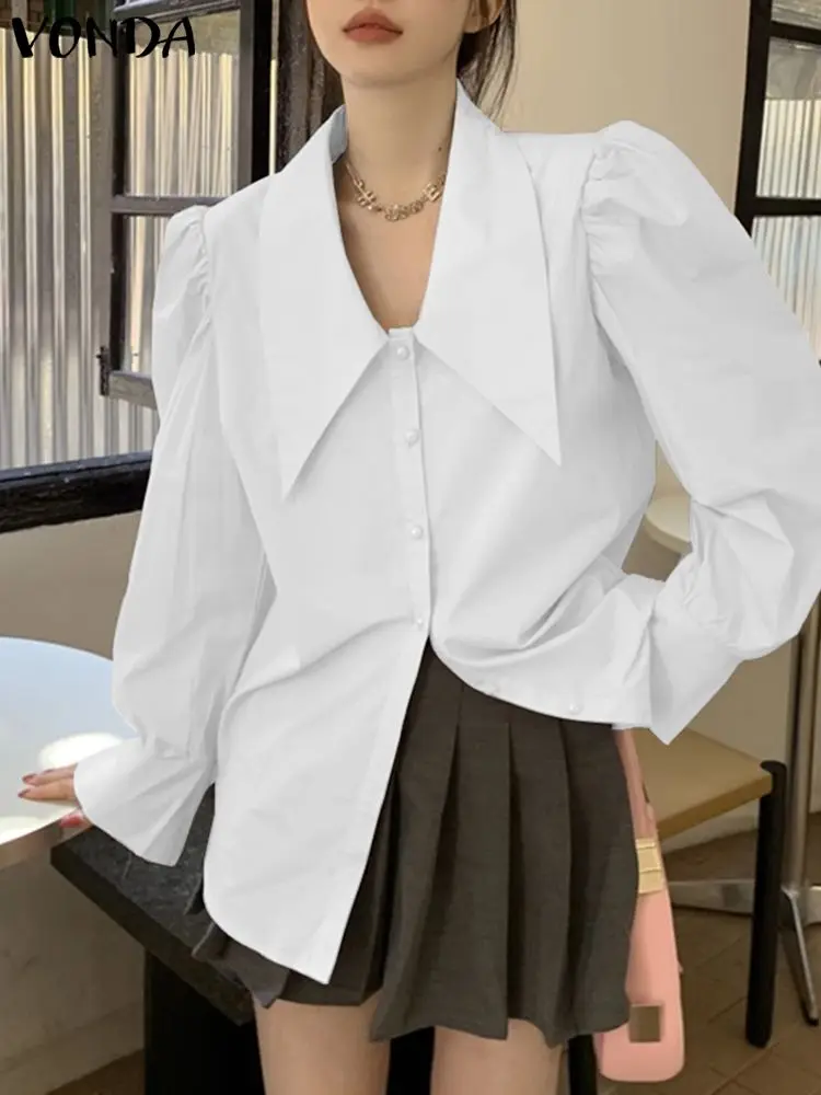 

VONDA женские элегантные офисные рубашки 2024 летние блузки с длинным рукавом с буффами модные повседневные однотонные Туники на пуговицах с лацканами топы Блузы