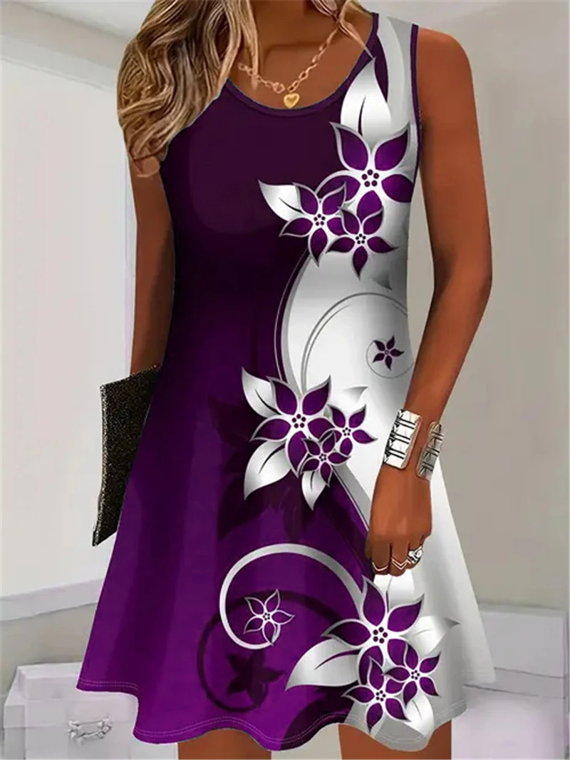 Fashion Floral Pattern Women Mini Dresses Summer Sleeveless Flower 3D Print Street Trend Ladies Dress 3XL Plus Size Casual Dress