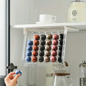 Scatola portaoggetti per capsule di caffè Portaoggetti per cialde di caffè in plastica trasparente con 30 capacità per montaggio a parete Scaffale da tavolo per uso domestico 1