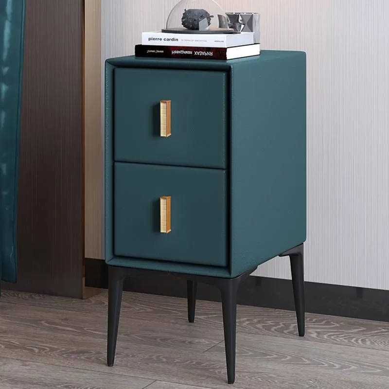 Nordic Ultra-Narrow Leather Bedside Table-Modern Minimalist Solid Wood Side Cabinet, Light Luxury Bedroom Storage